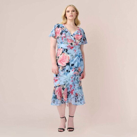 NWT Adrianna Papell Plus Size Floral Faux Wrap Dress Blue Multi Sz 22 Blue Multi - Picture 1 of 4